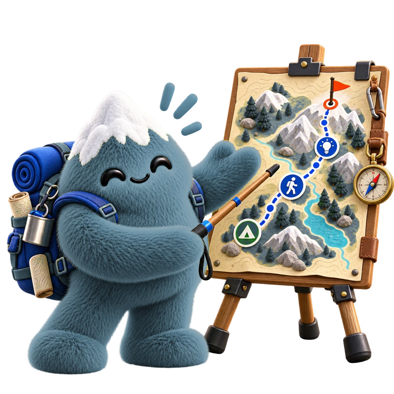Mascota Sherpa explicando la ruta en un mapa