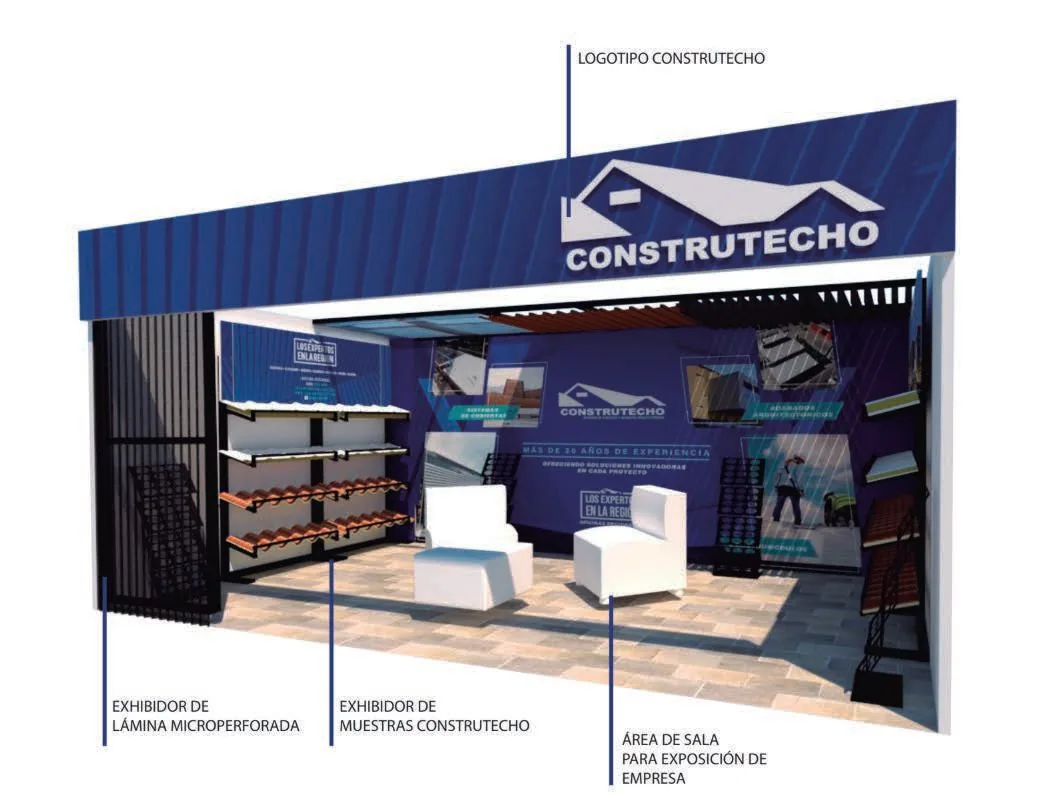 Diseño del stand de Construtecho con exhibidores de producto